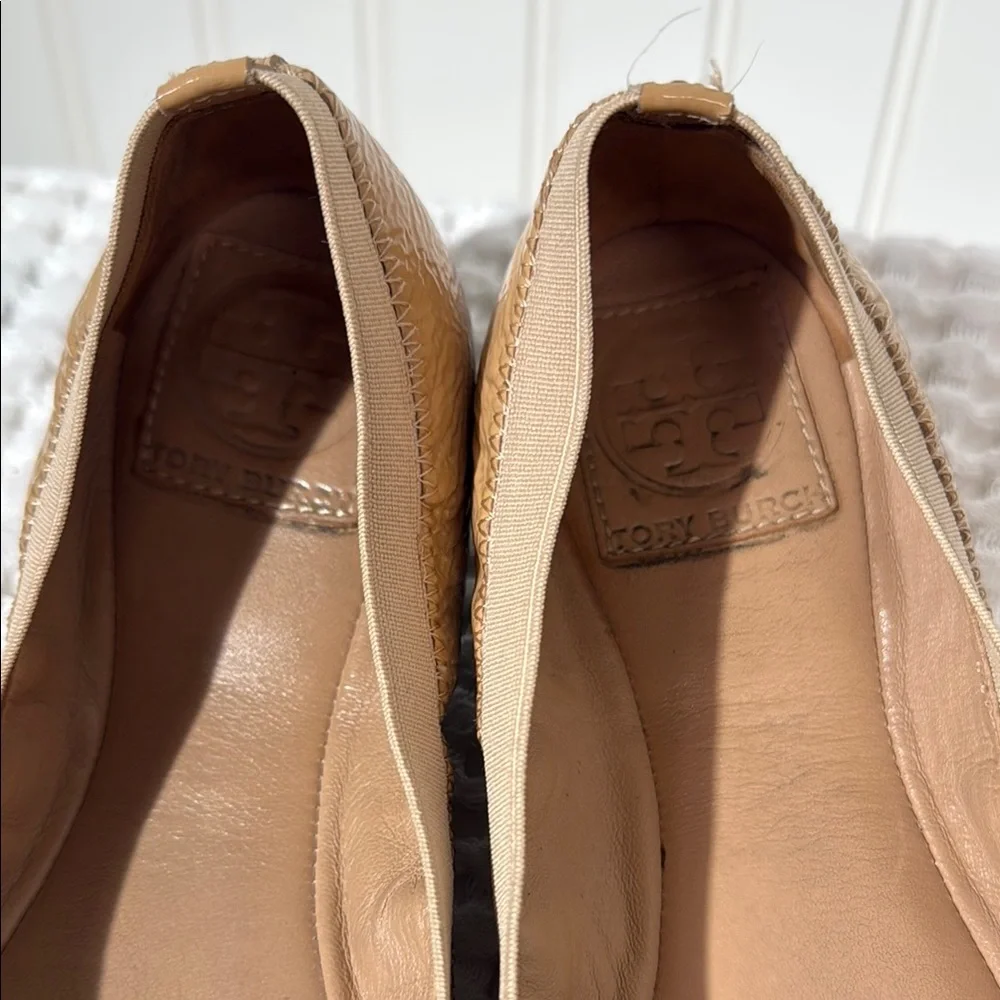 Tory Burch Tan Leather Reva Ballet Flats with Gold Logo